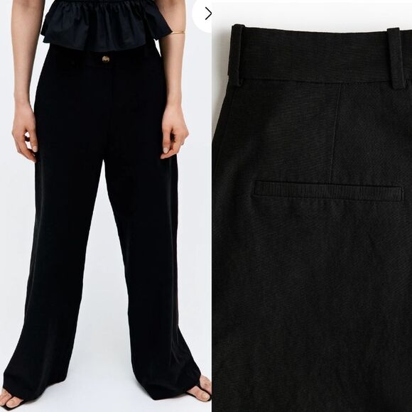 H&M Black High Waist Wide Leg Linen Blend Trouser Pants Plussize 14 - Picture 4 of 13